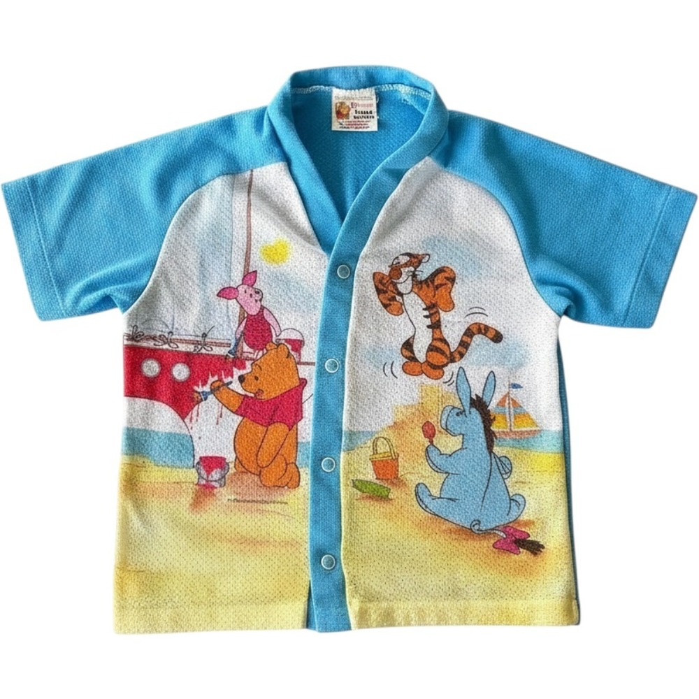 Winnie the Pooh Snap Shirt Kids 6X Blue Vintage Sears Disney Beach Tigger Eeyore